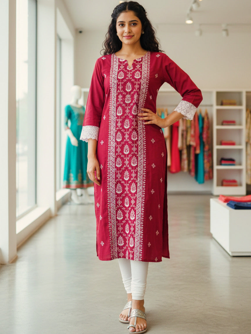 Raspberry Red and White Thread Work kurta Top