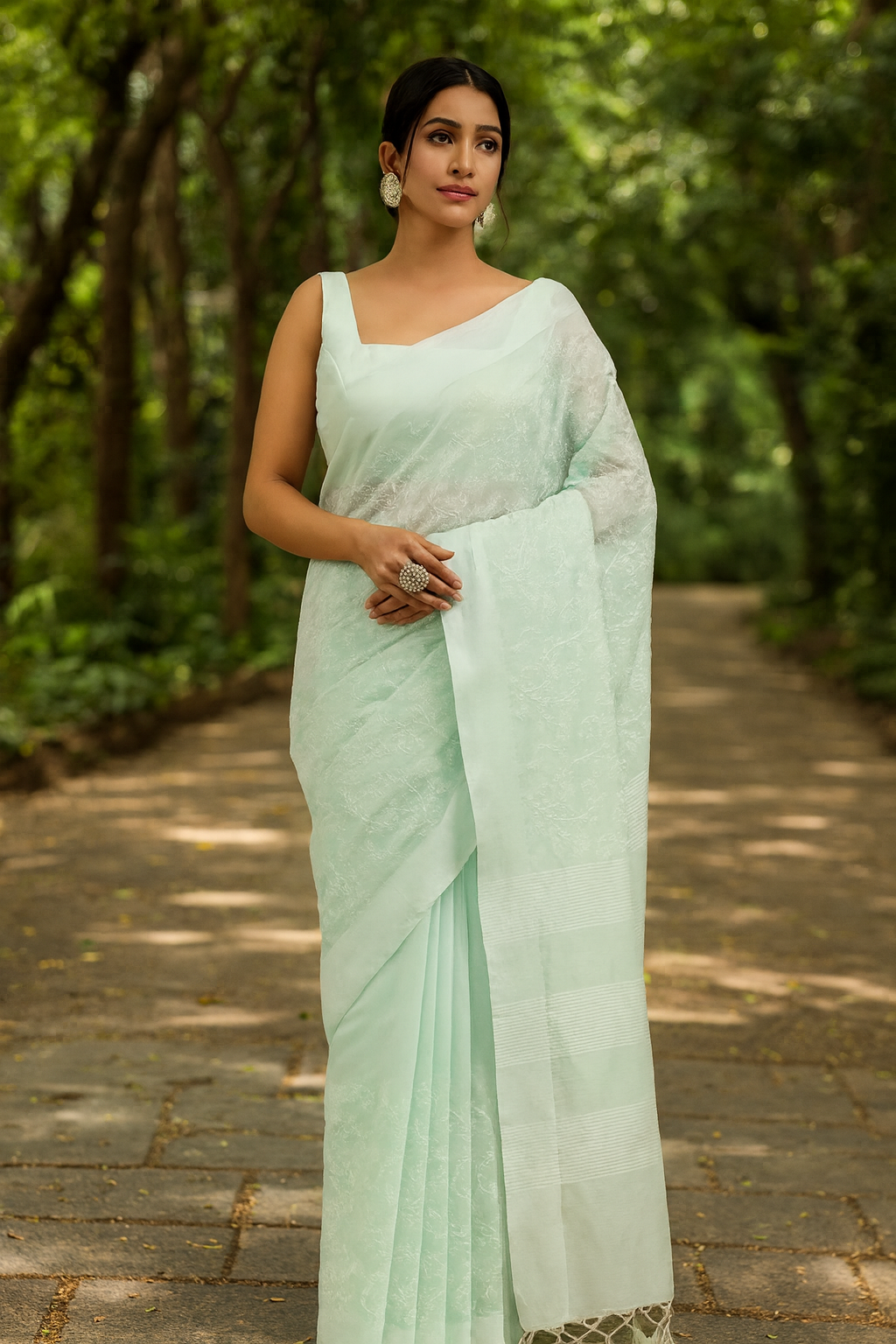 Ethereal Mint Green Chikankari Saree