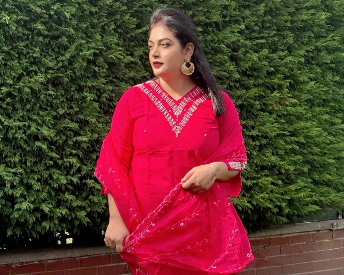 Rose Red Sequin Embroidered Suit Set