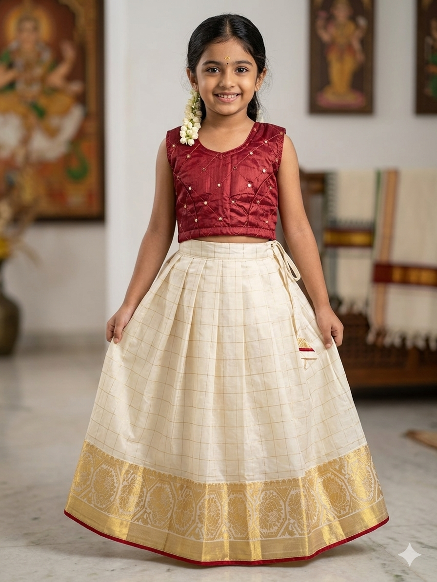 Kids kerala style pattupavada set
