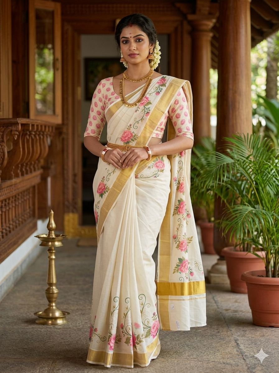 Rose Garden Floral Kasavu Saree-IYA 09
