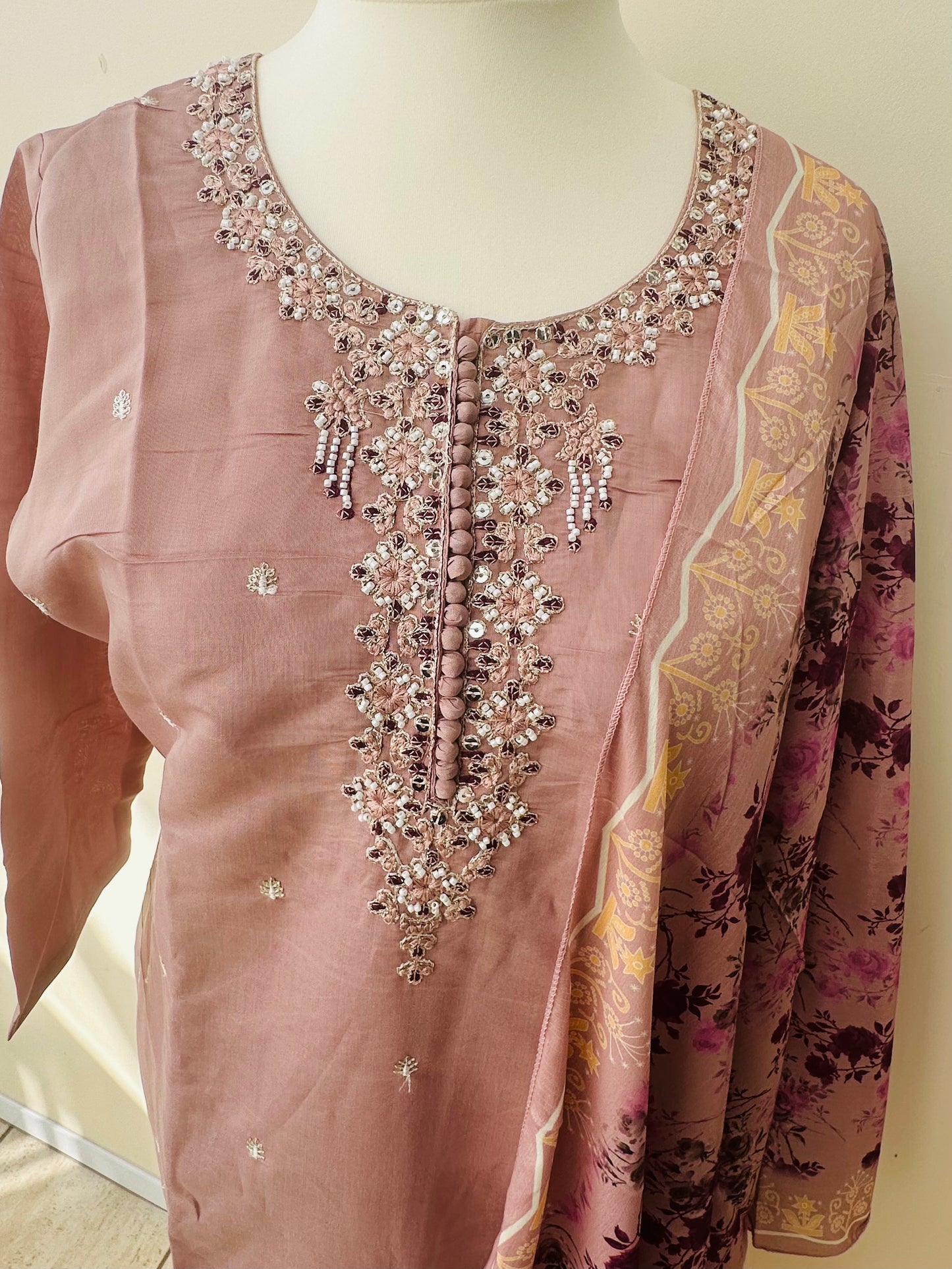 Mauve Embroidered Suit with Floral Dupatta