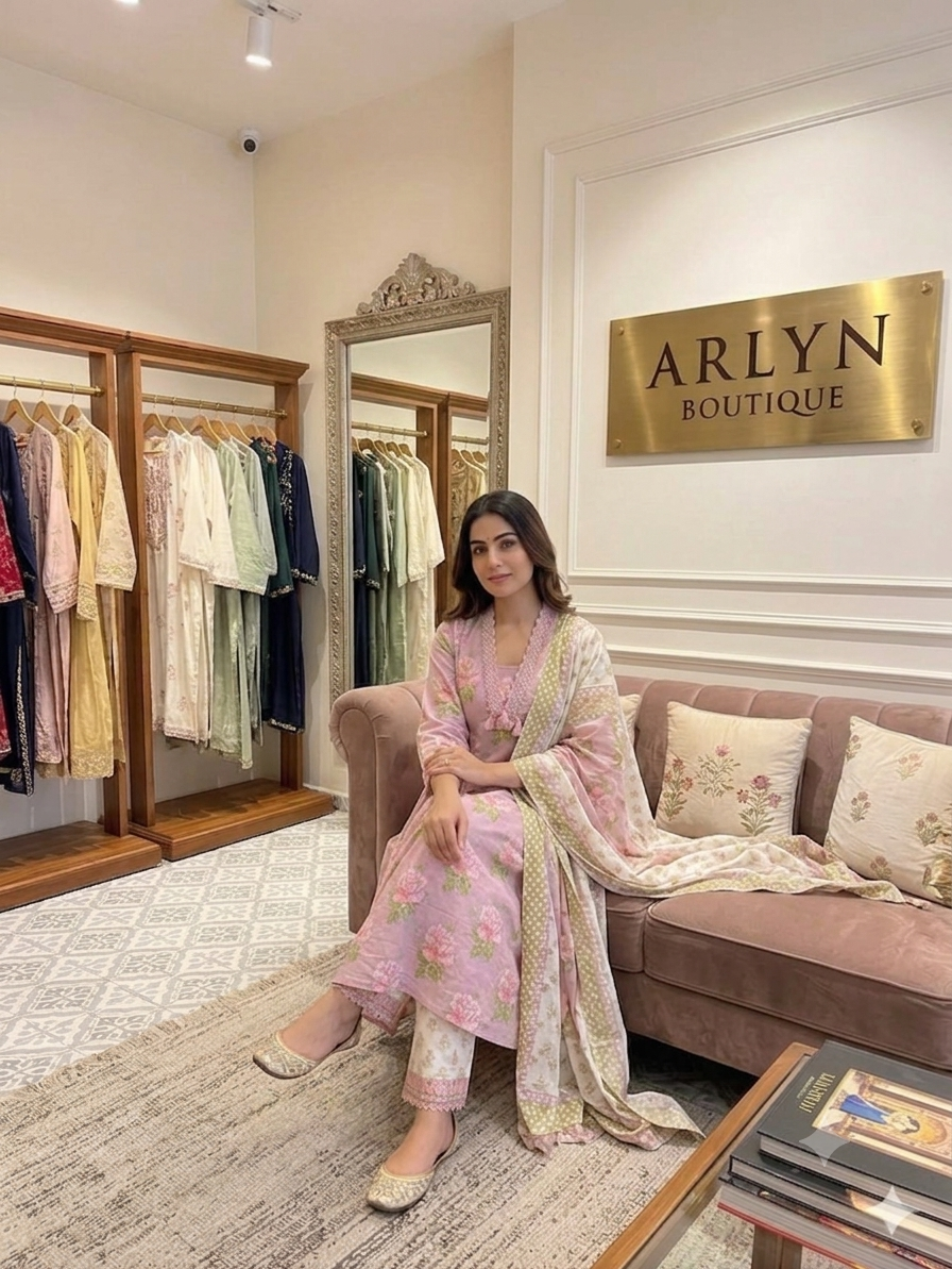 VIHA -21 Pink Floral Anarkali Suit Set with Lace Detail