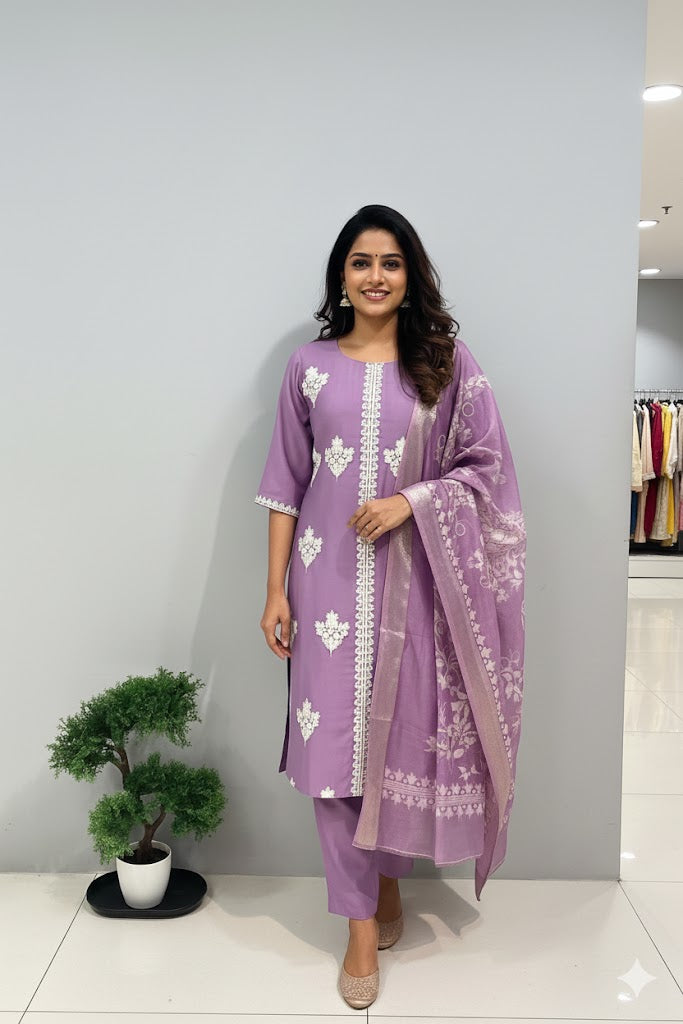 Lavender Embroidered Kurta Set