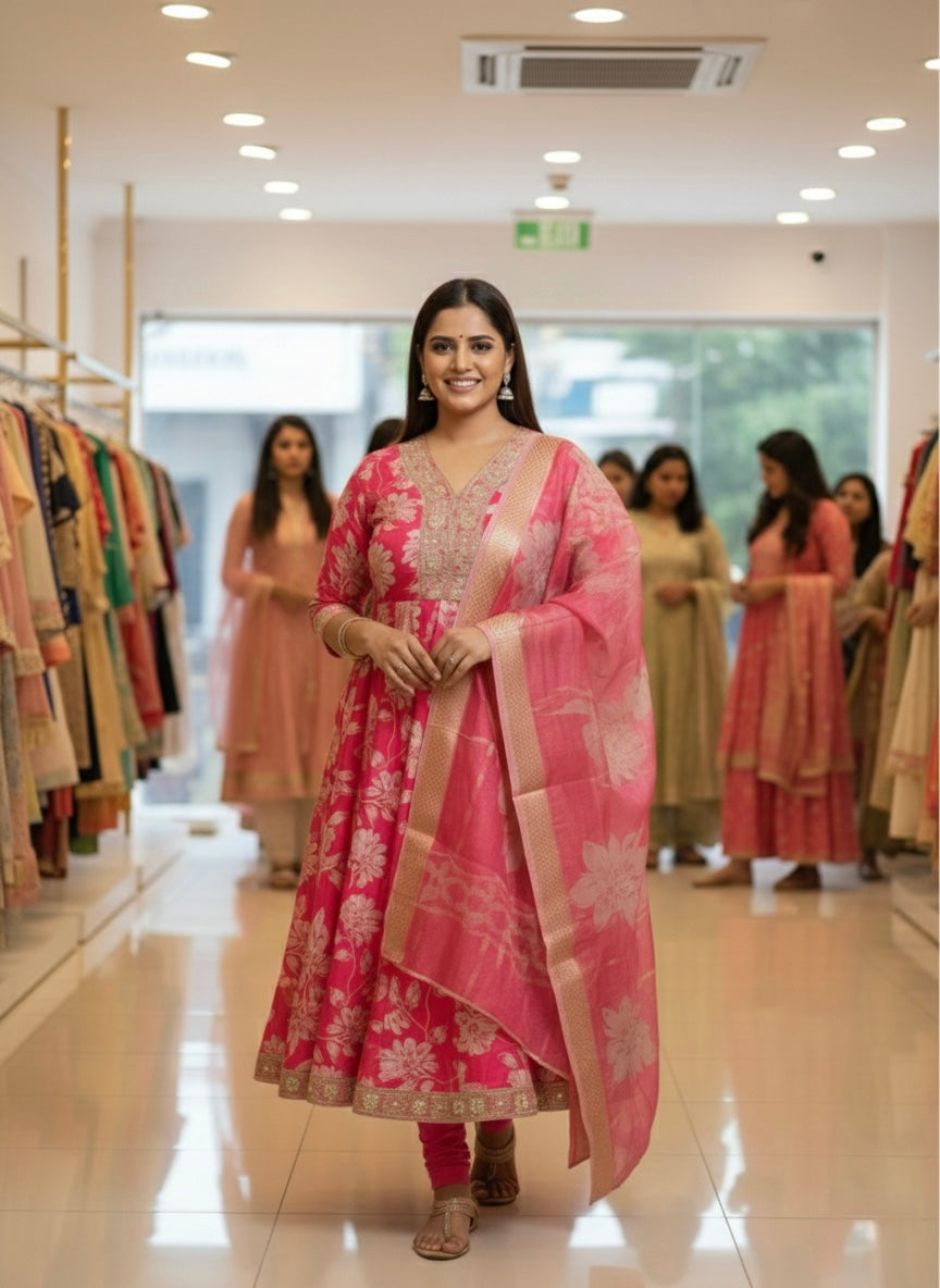 Hot Pink Suit with Mirror & Sequin Work