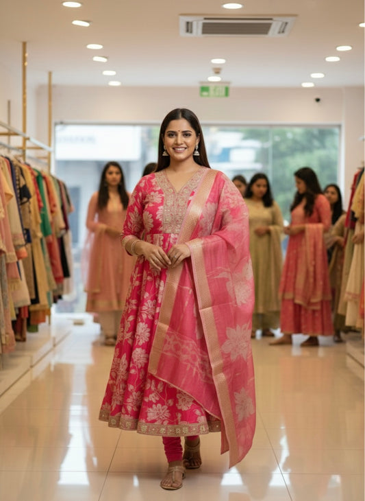Hot Pink Suit with Mirror & Sequin Work