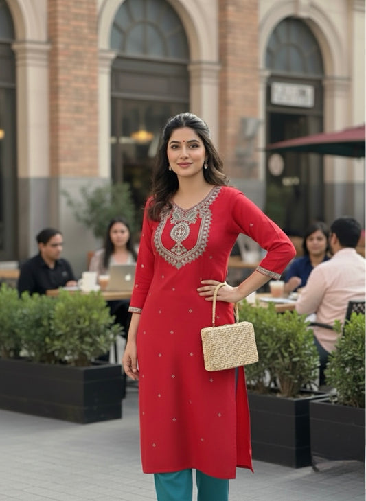 Crimson red and teal blue suit