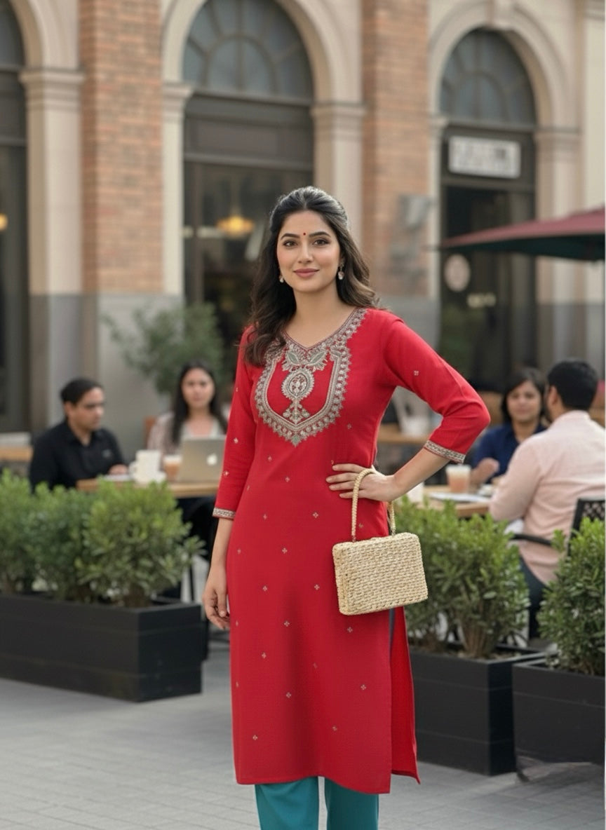 Crimson red and teal blue suit