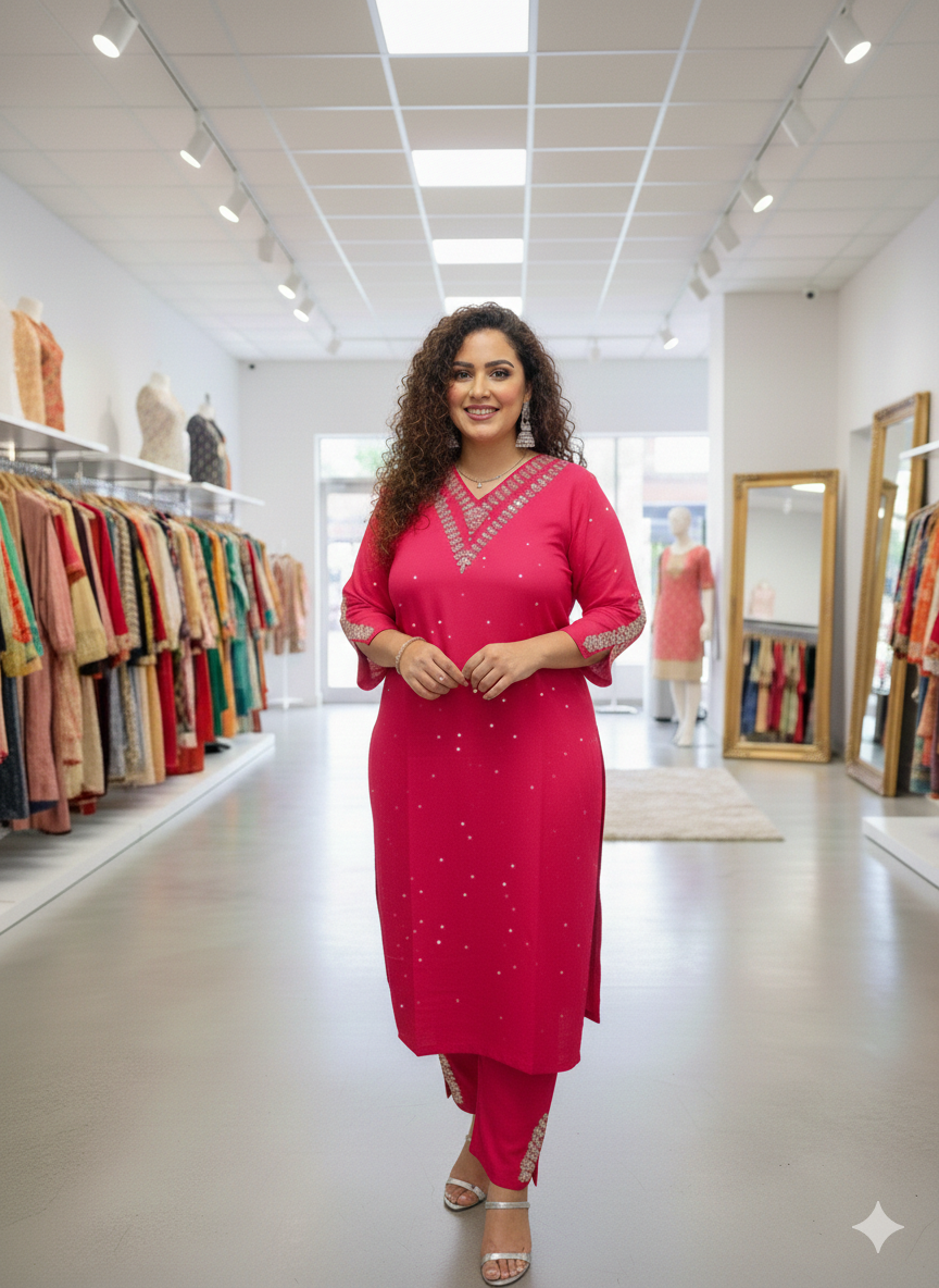 Rose Red Sequin Embroidered Suit Set