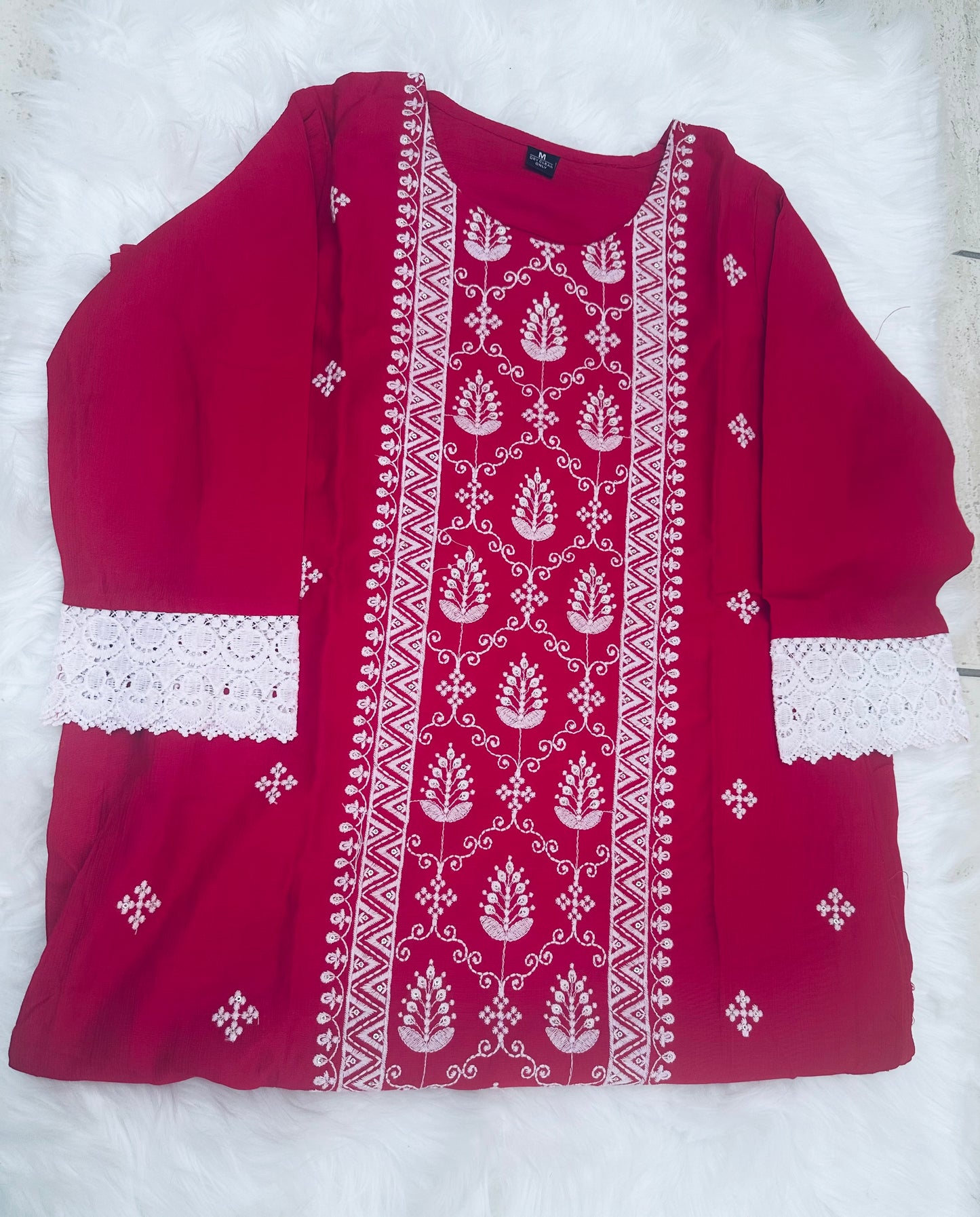Raspberry Red and White Thread Work kurta Top