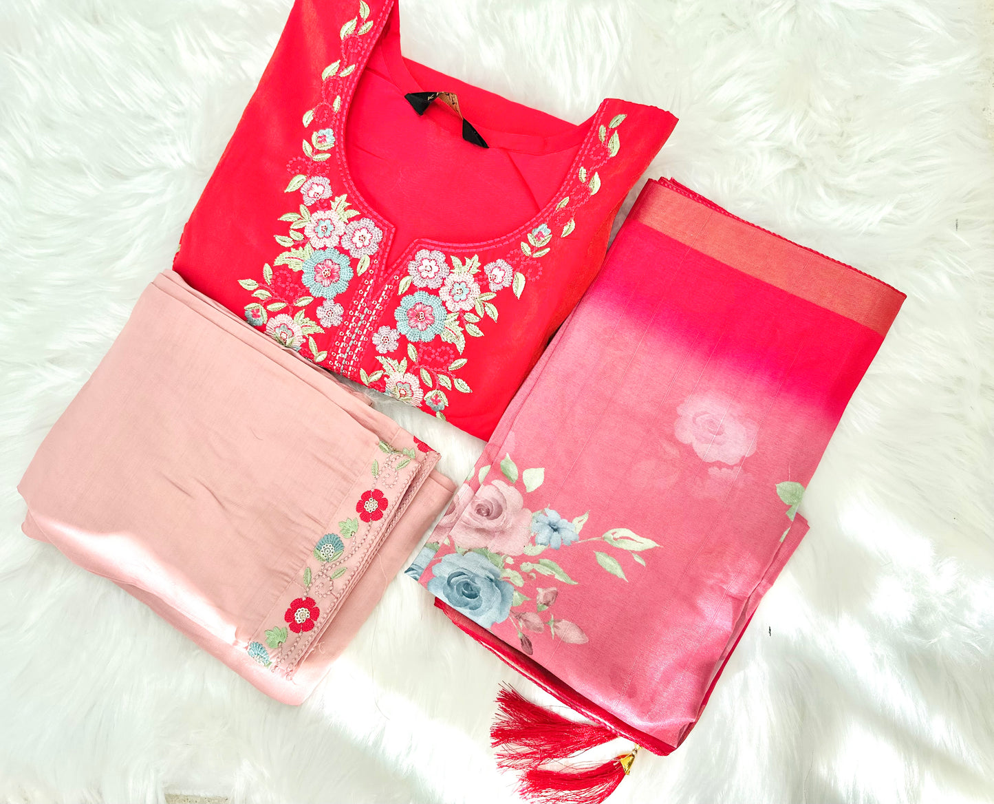 Fuchsia floral embroidered silk cotton suit set