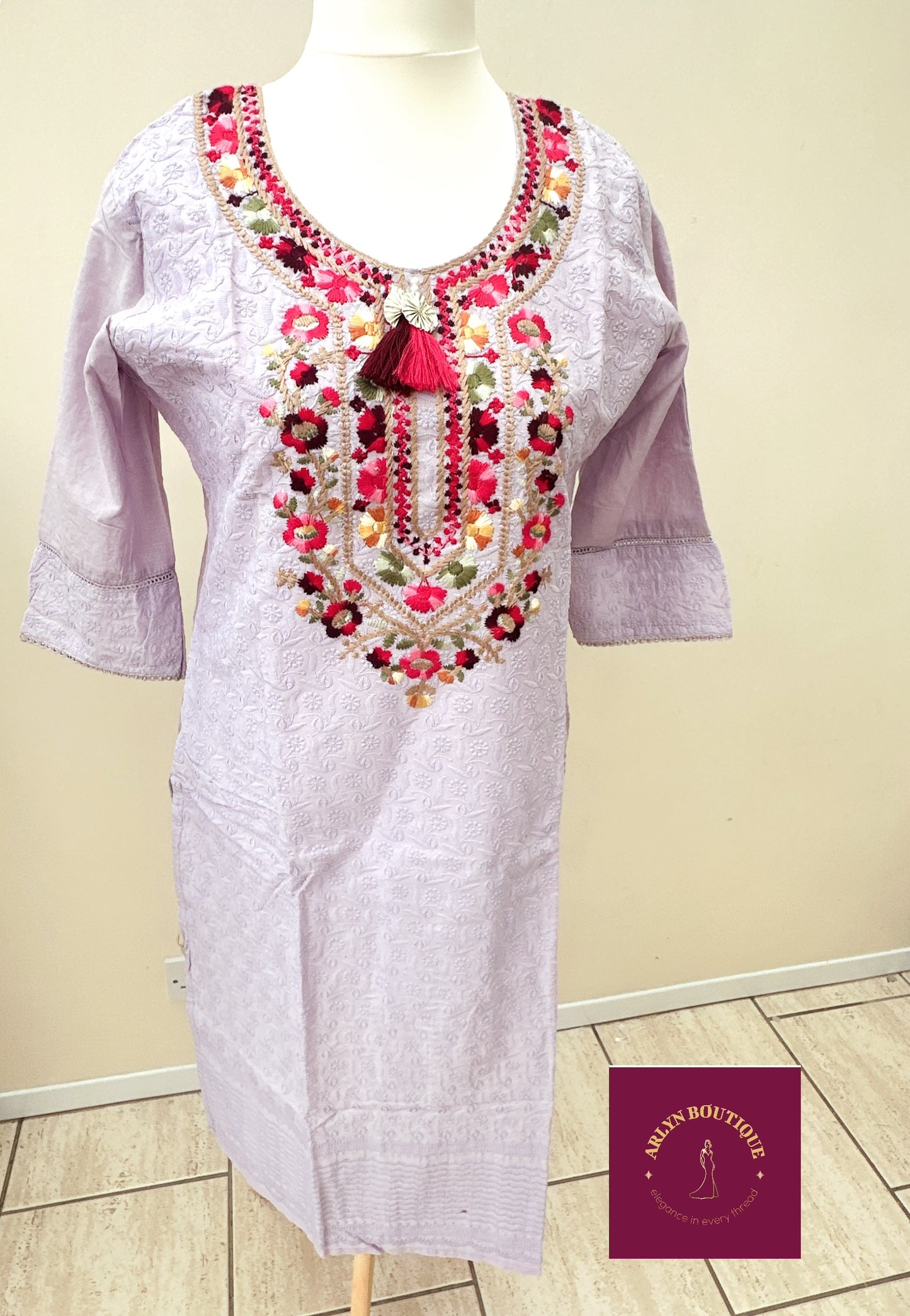 Lilac Floral Embroidered Suit Set with Printed Dupatta