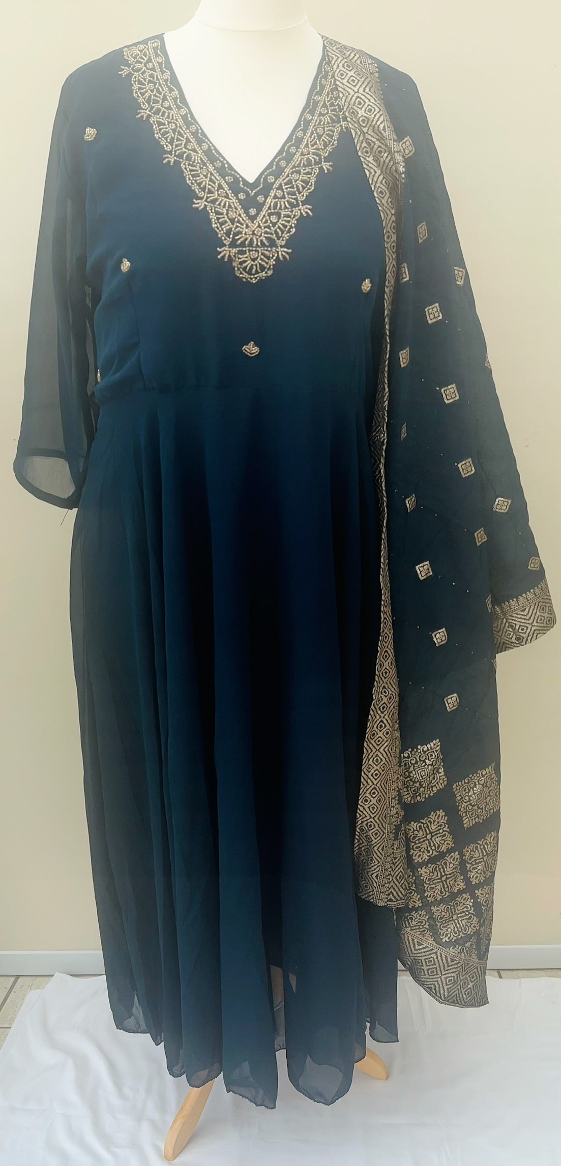Dark Blue Golden Embroidered Anarkali Top