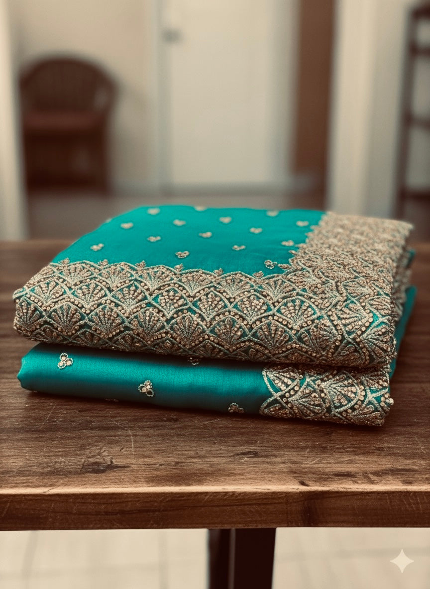 Radiant Turquoise & Gold Embellished Saree