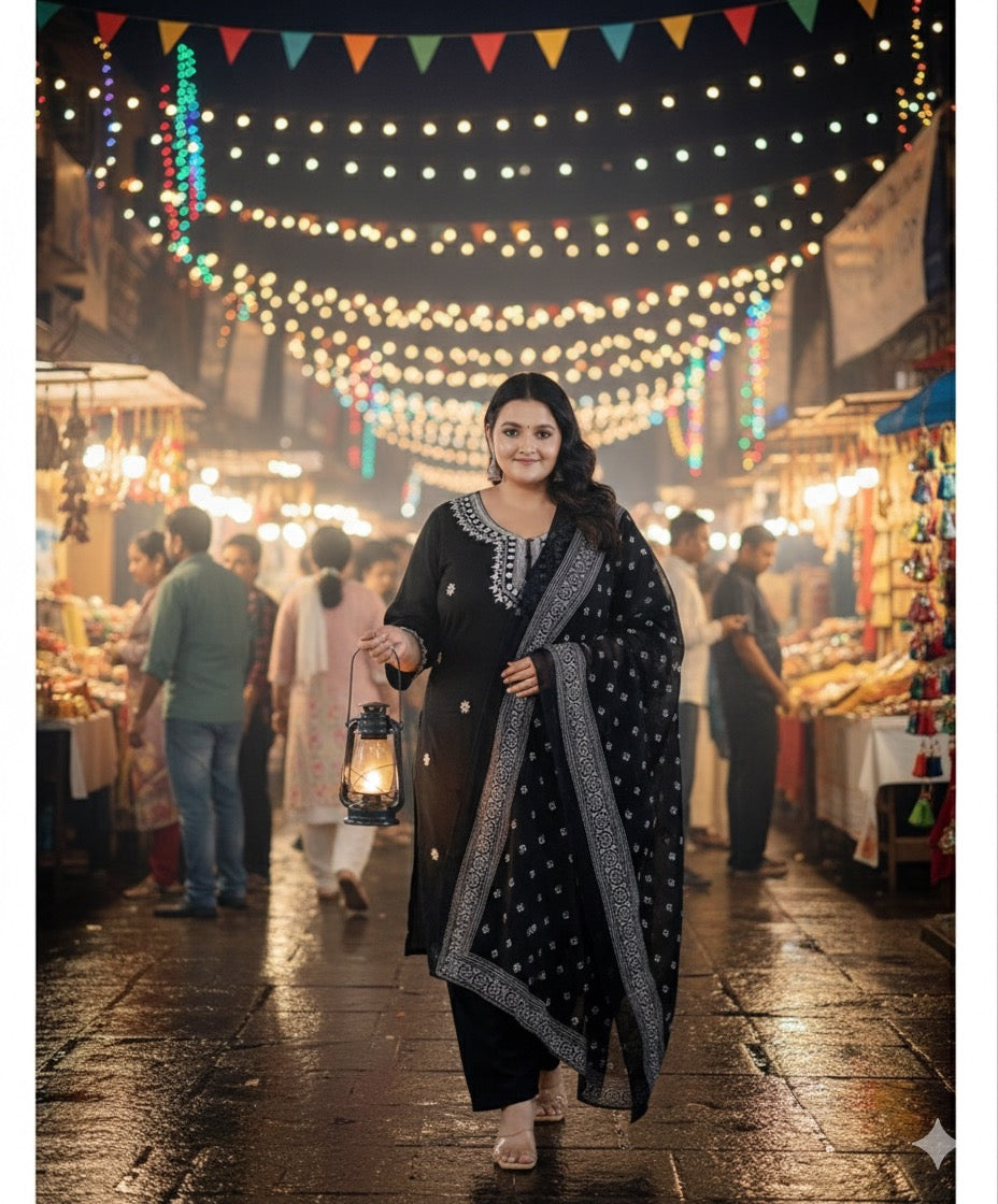 Plus size black chikkankari kurti set
