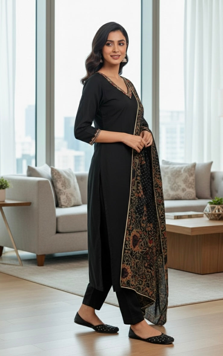 Midnight Noir Embroidered Kurta Set with Kalamkari-Style Dupatta