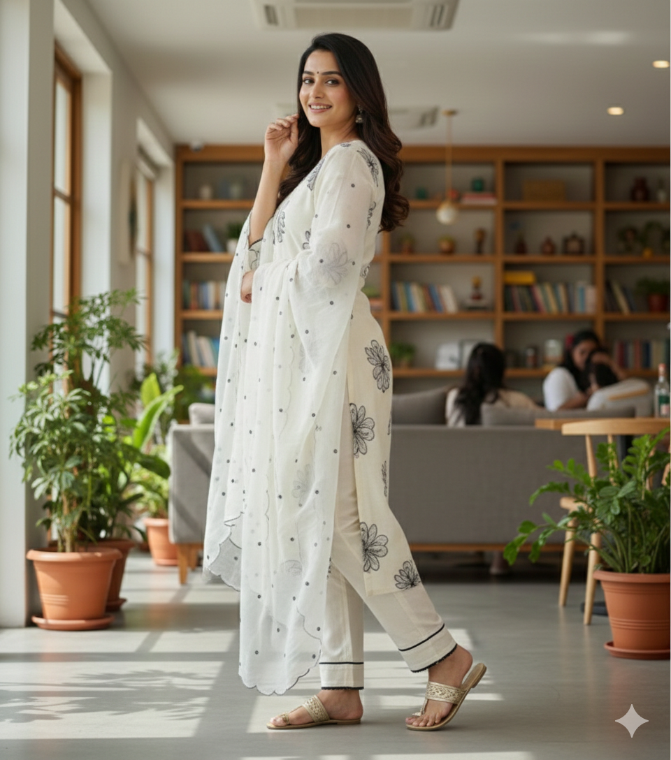 Plus size Ethereal Cream Floral Embroidered Kurta Set with Scalloped Dupatta
