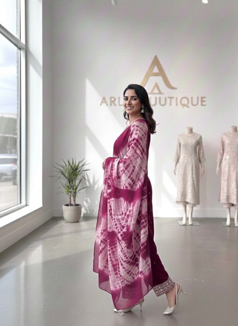 Maroon & Ivory Hand-Dyed Shibori Suit Set with Embroidered Accents