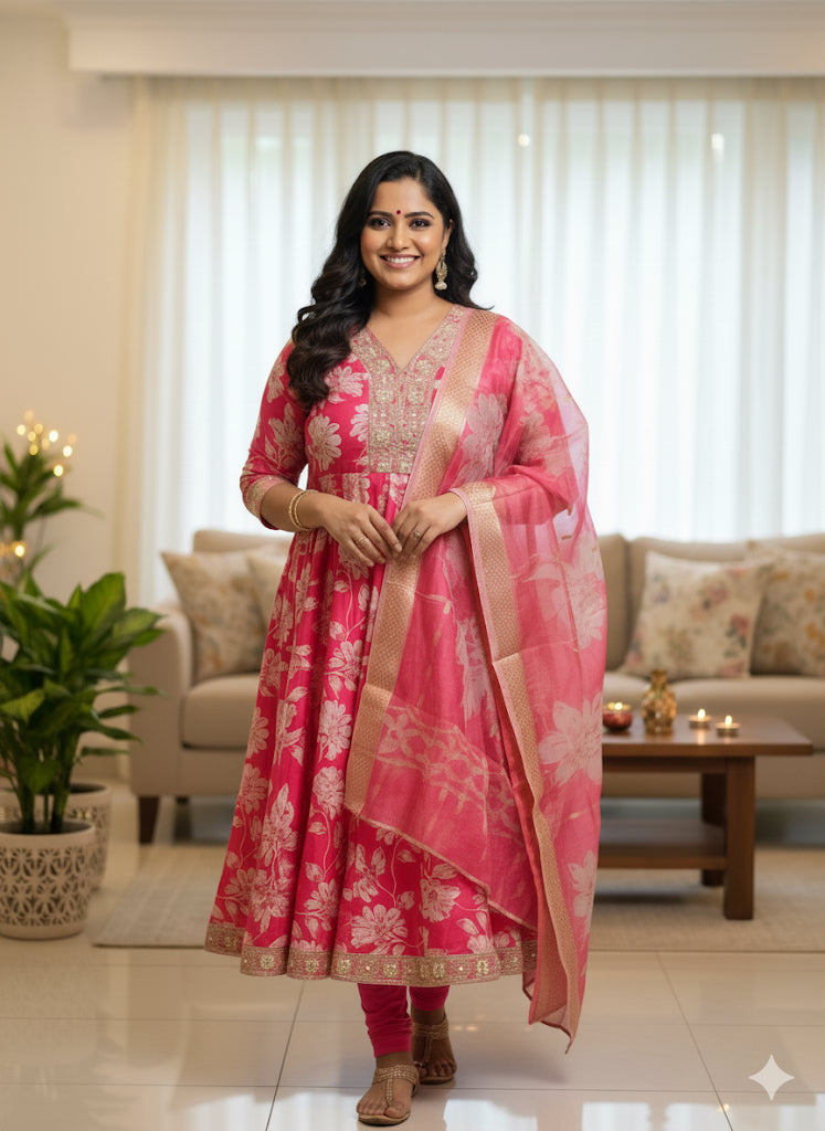 Hot Pink Suit with Mirror & Sequin Work
