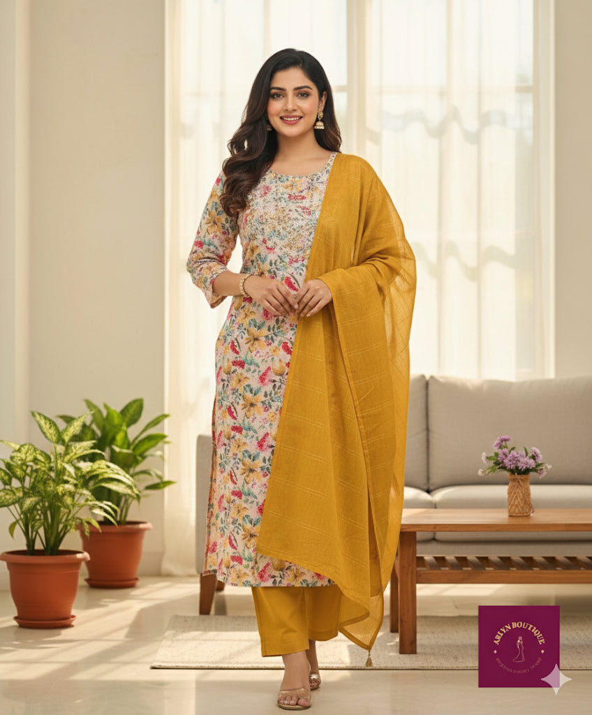 Mustard Yellow & Multicolour Mirror Work Suit