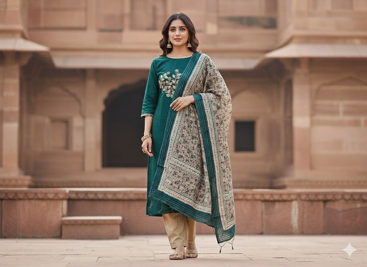 Emerald Green and beige salwar suit