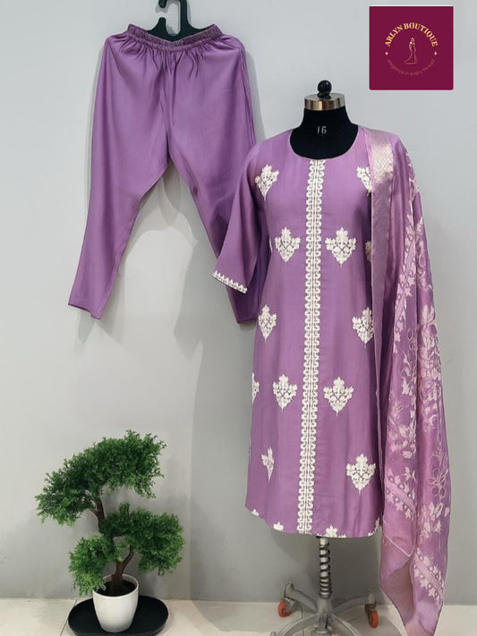 Lavender Embroidered Kurta Set
