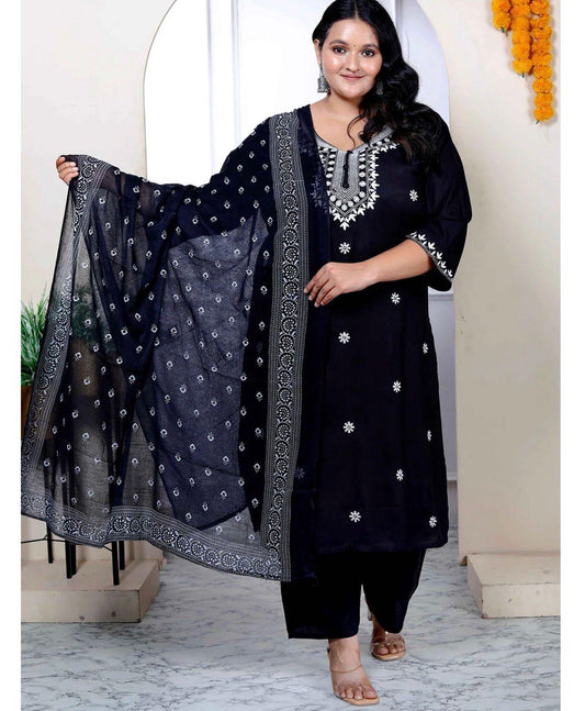 Plus size black chikkankari kurti set