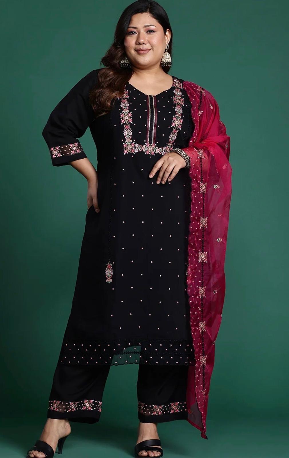 Single piece -Festive Black Kurta Set with Magenta Dupatta