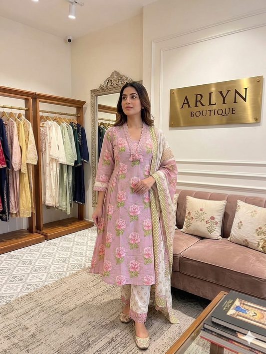 VIHA -21 Pink Floral Anarkali Suit Set with Lace Detail
