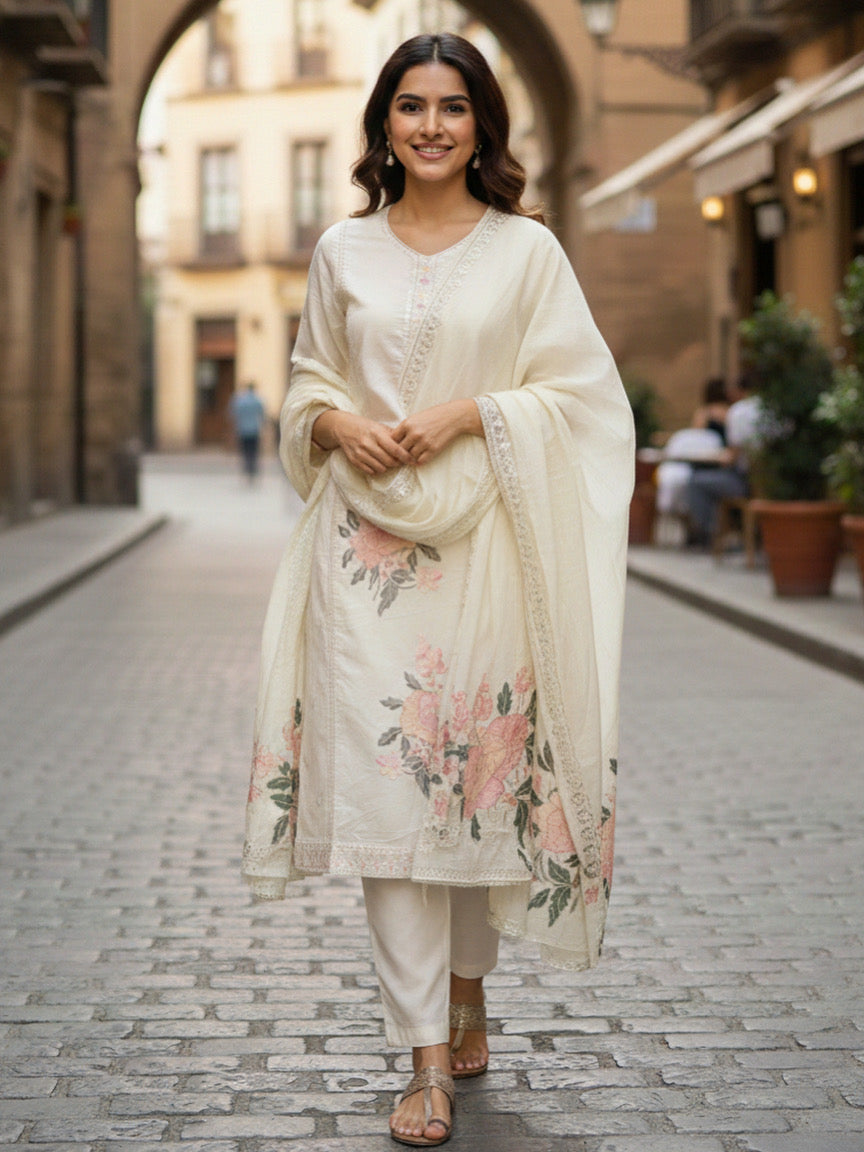 Ivory Floral Embroidered Set