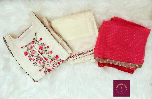 Ivory & Red Embroidered Three-Piece Suit