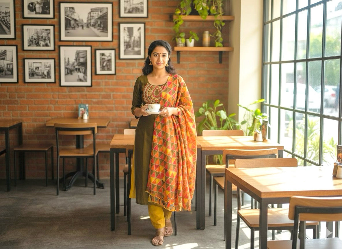 Olive Green Embroidered Suit with Geometric Dupatta