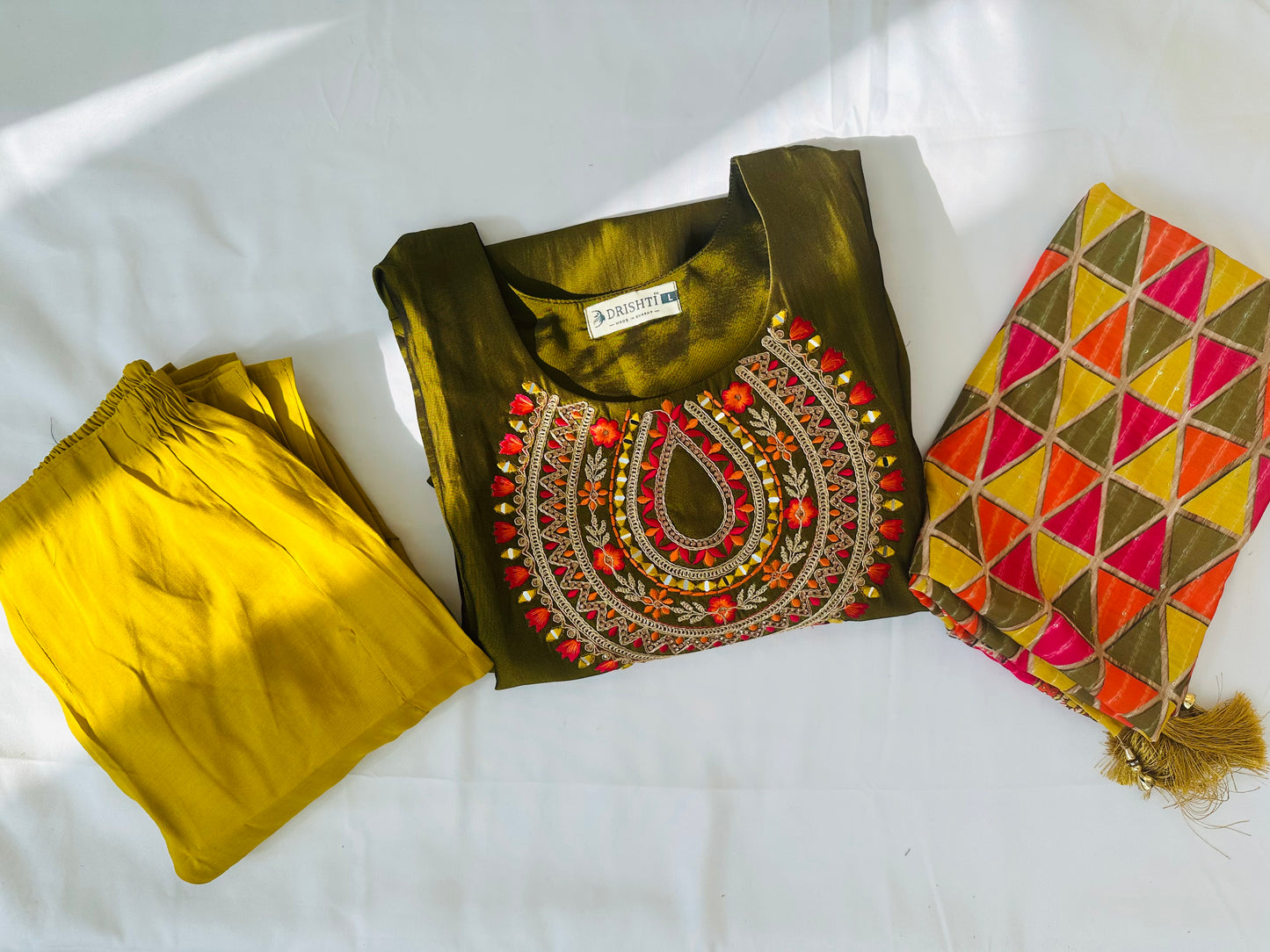 Olive Green Embroidered Suit with Geometric Dupatta