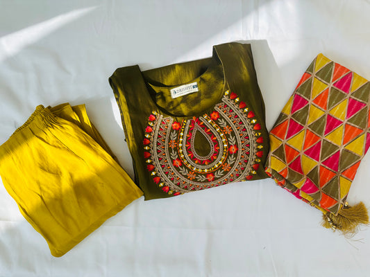 Olive Green Embroidered Suit with Geometric Dupatta