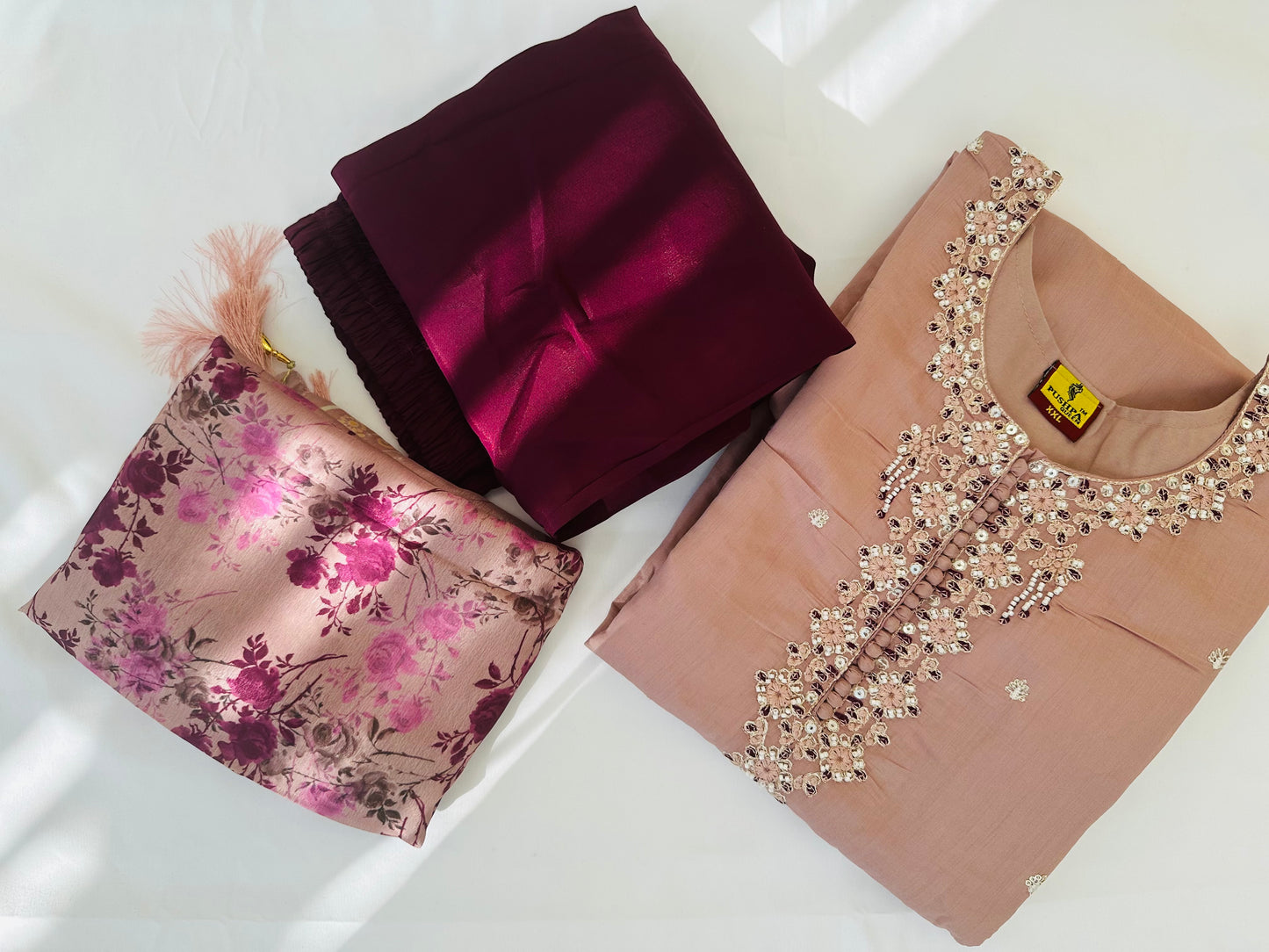 Mauve Embroidered Suit with Floral Dupatta