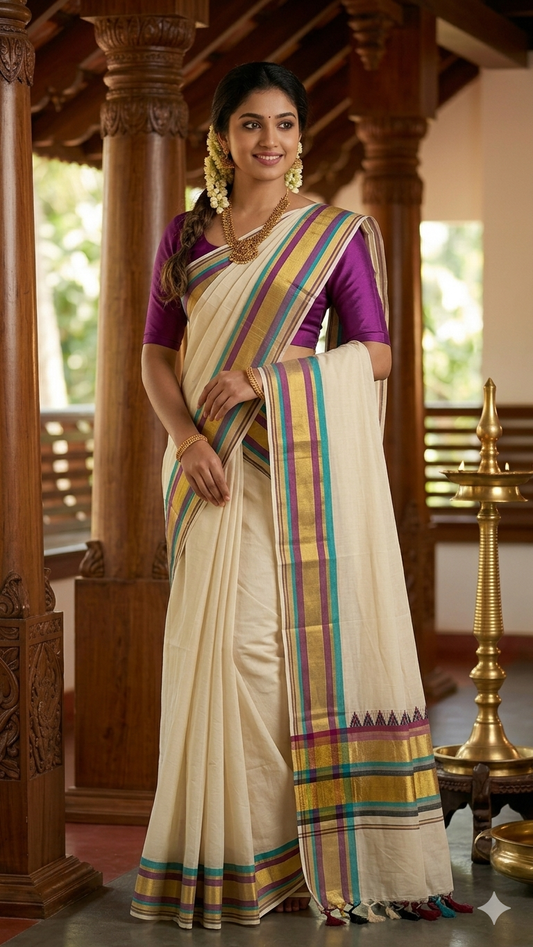 1. The Festive TealViolet /Red black  Kasavu -LANA 014