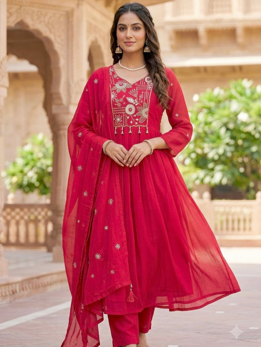 Crimson red or deep rani pink flared suit