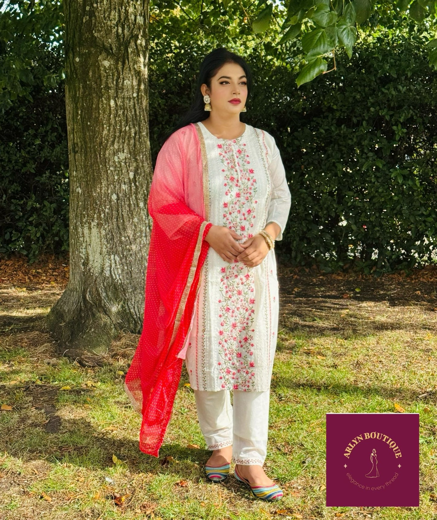 Ivory & Red Embroidered Three-Piece Suit