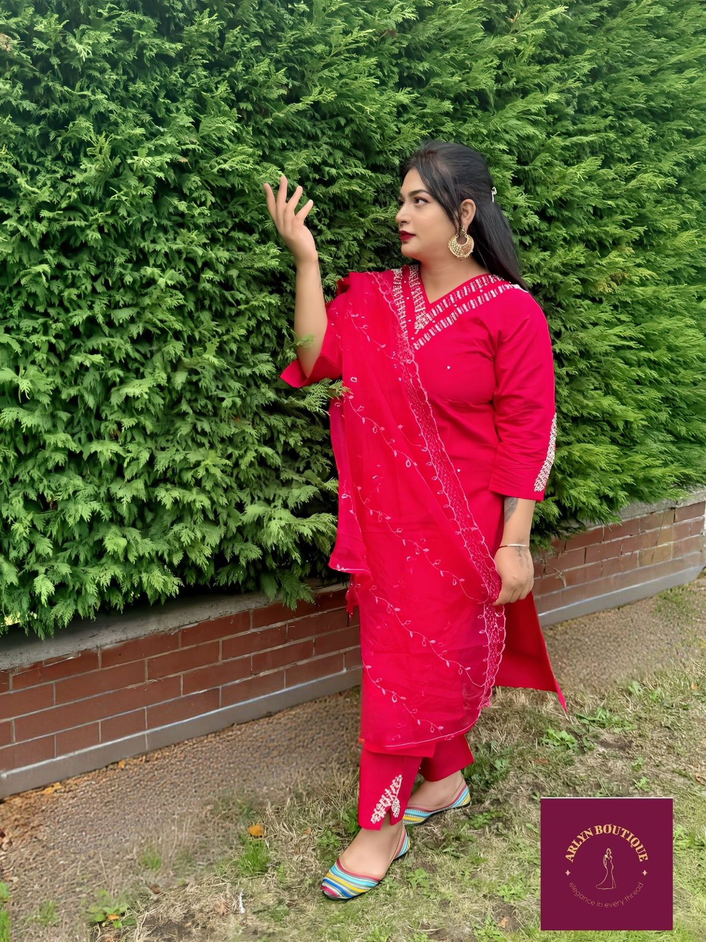 Rose Red Sequin Embroidered Suit Set