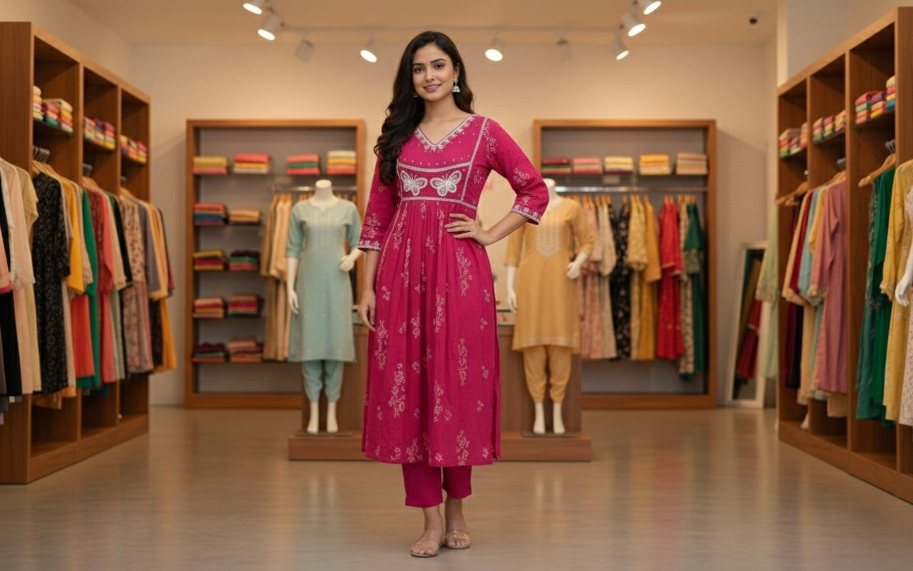 Magenta Pink Suit with White Thread Embroidery