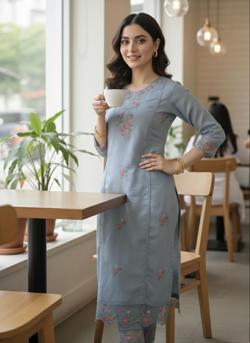 Slate blue and Grey Embroidered Suit with Floral Dupatta