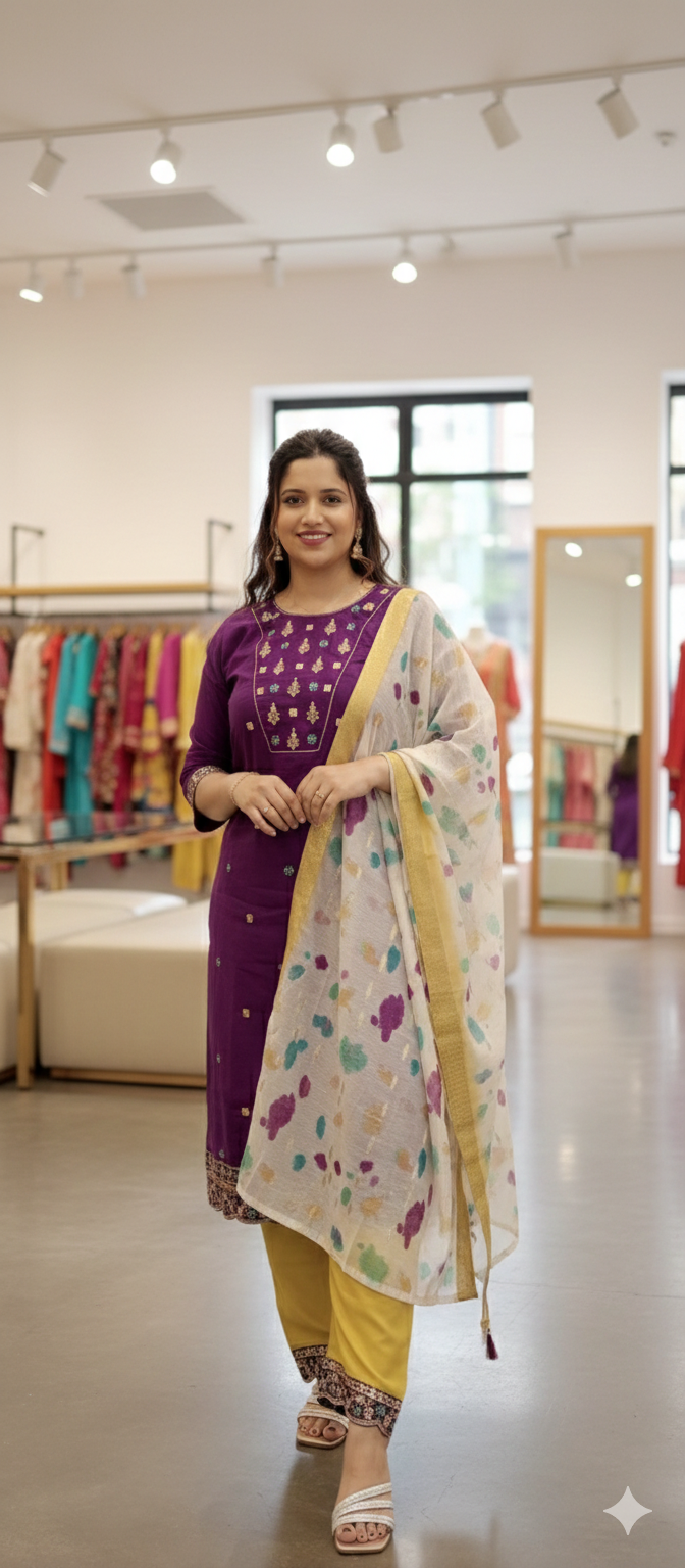 Violet and yellow soft cotton kurta set