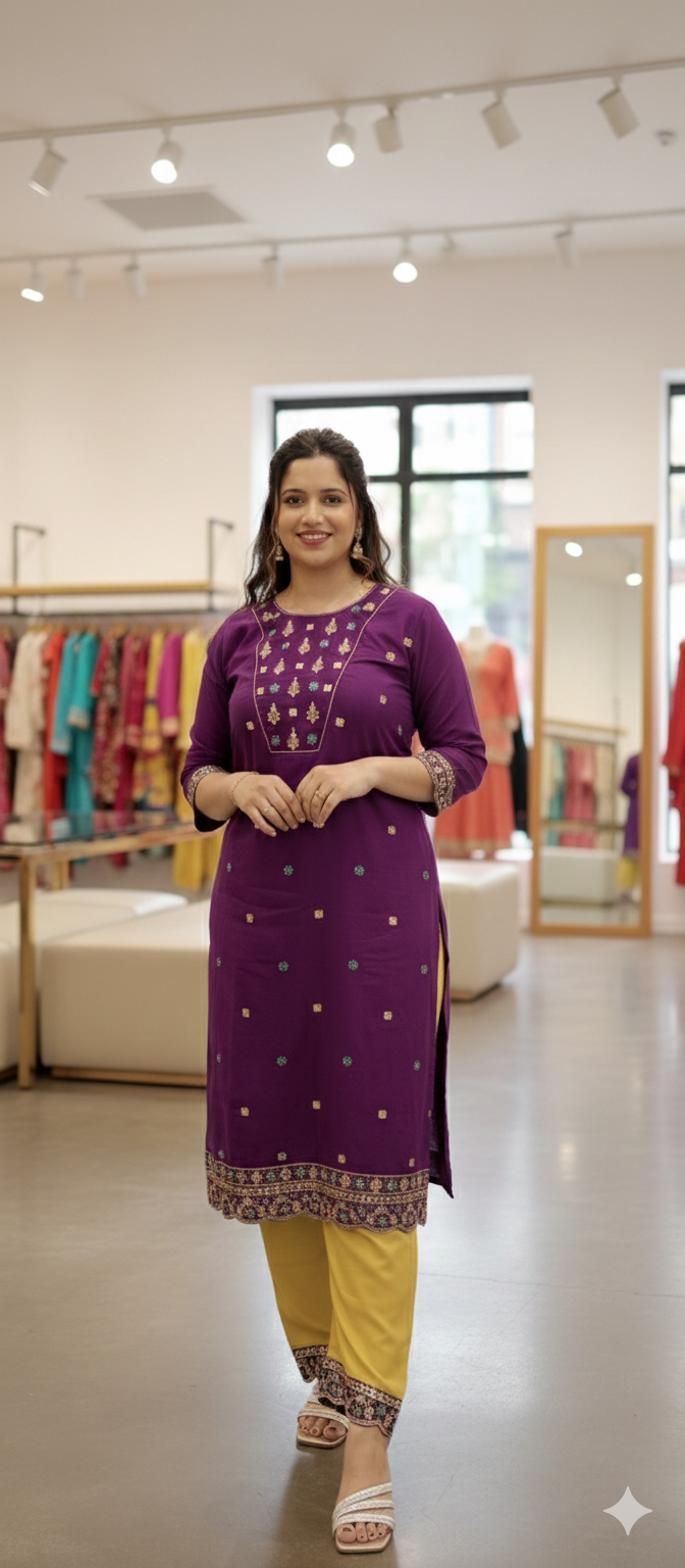 Violet and yellow soft cotton kurta set