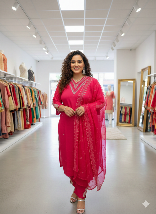 Rose Red Sequin Embroidered Suit Set