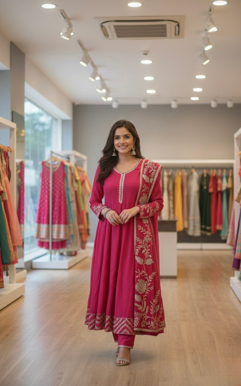 Rani pink/Dusty Rose Embroidered Anarkali Set