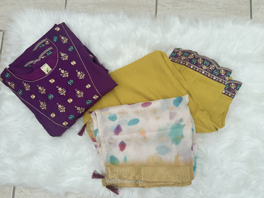 Violet and yellow soft cotton kurta set