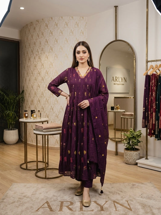 Elegant Deep Plum Mul chanderi Anarkali Suit-Luxe