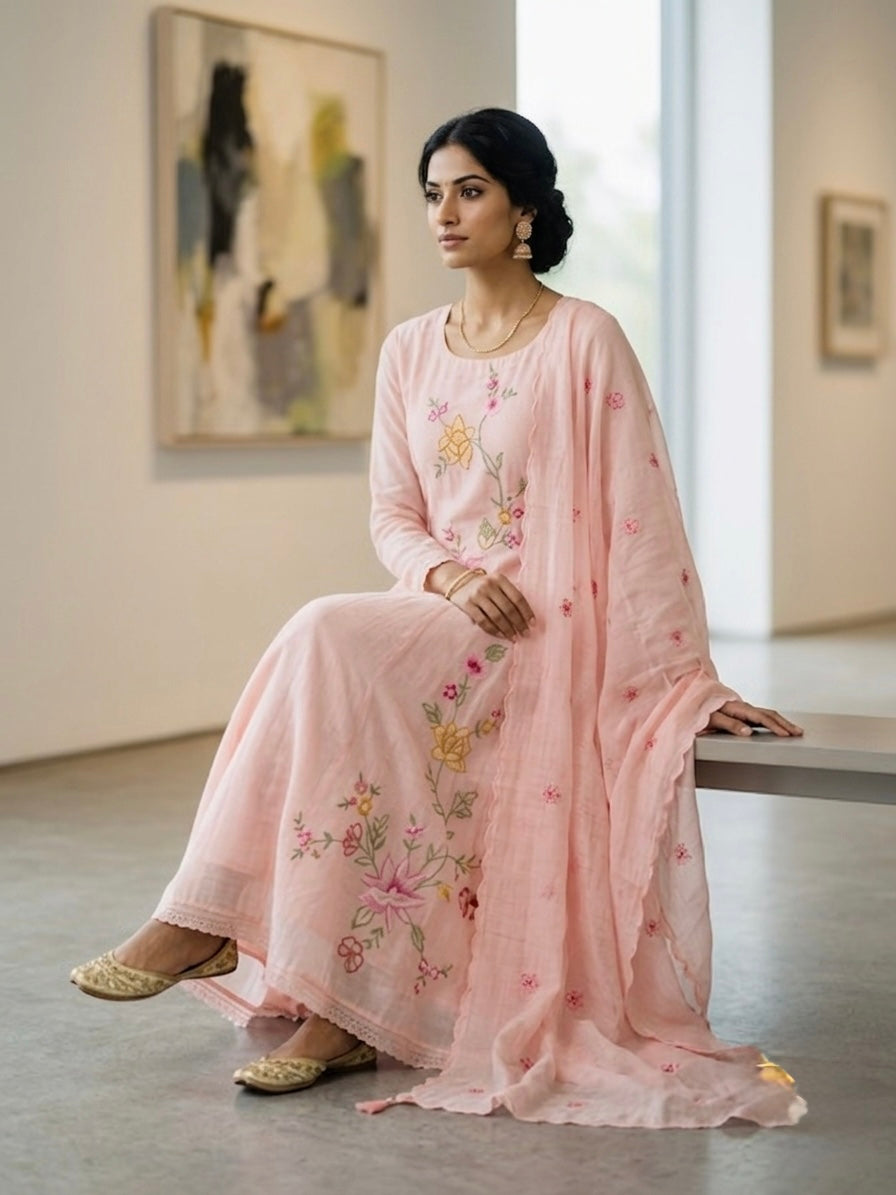 MIRA 06-Arlyn Boutique Luxe Collection: Pastel Pink Hand-Embroidered Mul Chanderi Anarkali Set