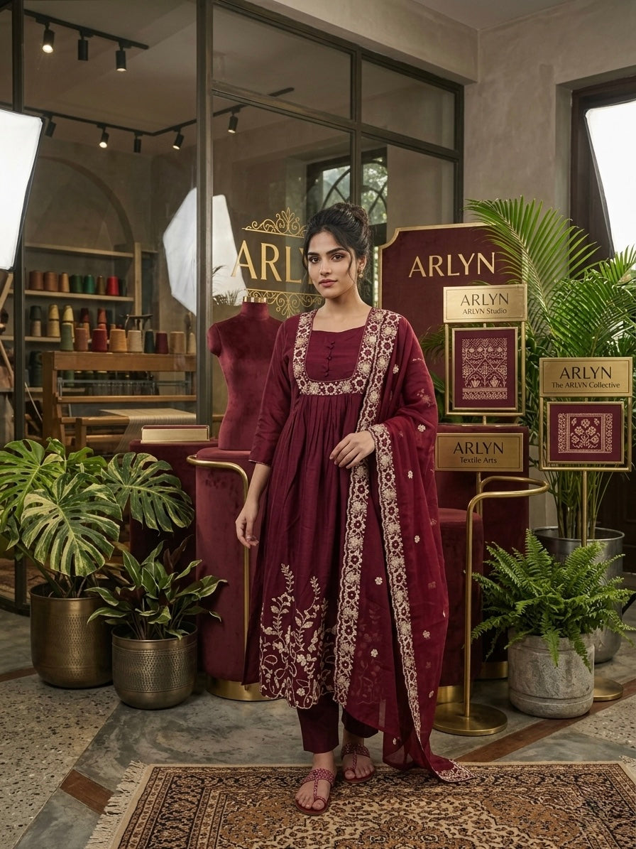 MIRA -18 Luxe Collection: Deep Wine Intricately Embroidered Chinon Anarkali Set