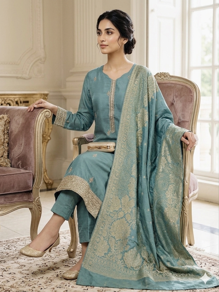 Ethereal Teal Embroidered Silk Suit with Banarasi Dupatta